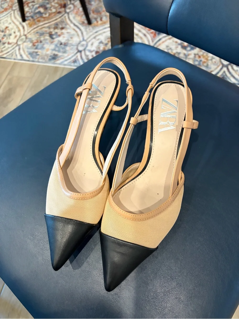 Zara mesh slingback kitten heels size 36 women’s 5.5 beige and black